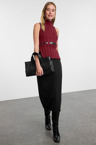 Trendyol Collection Limited Edition Burgundy Belted Knitwear Sweater Twoaw25Sv00033