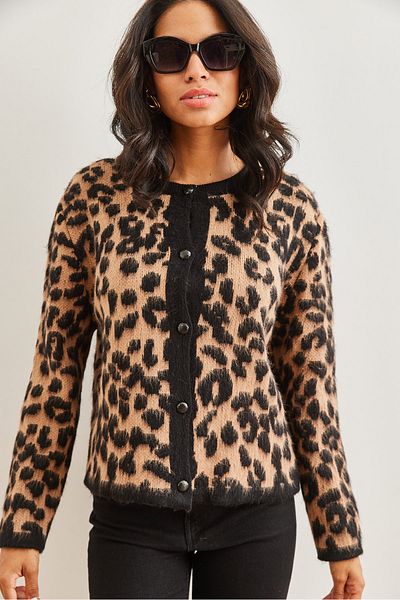 Olalook Černá pletenina Leopard Cardigan - Velbloudí zapínání, Kapuce Hrk- 19000315