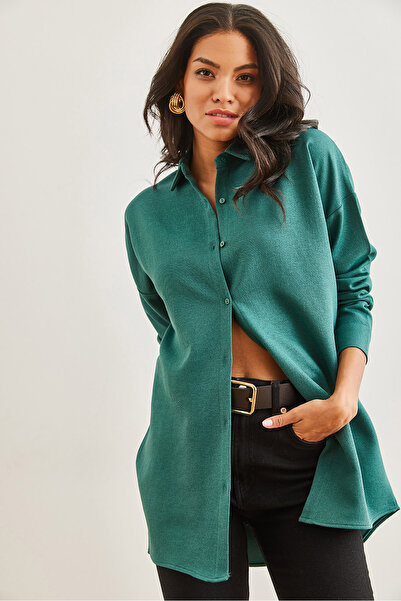 Olalook Γυναικείο σμαραγδένιο πράσινο μάλλινο εφέ Winter Basic πουκάμισο GML- 19001256