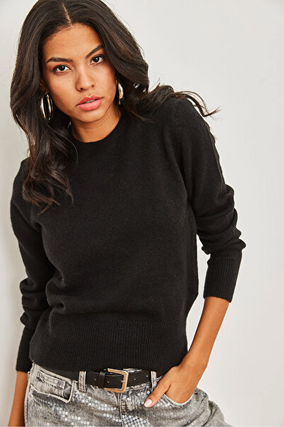 Olalook Pulover de bază pentru femei, negru, cu decolteu, cu textura moale, KZK- 19000845