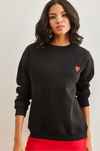 Olalook Black Heart Embroidered Women's Sweatshirt - Swt- 19000685