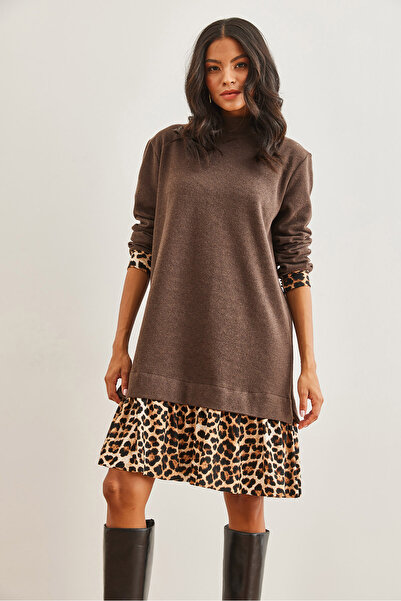 Olalook Kadın Kahverengi Leopar Garnili Selanik Elbise ELB-19000965