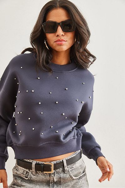Olalook Mikina Antracite Pearl Detailed Thick Crop - Swt- 19000663