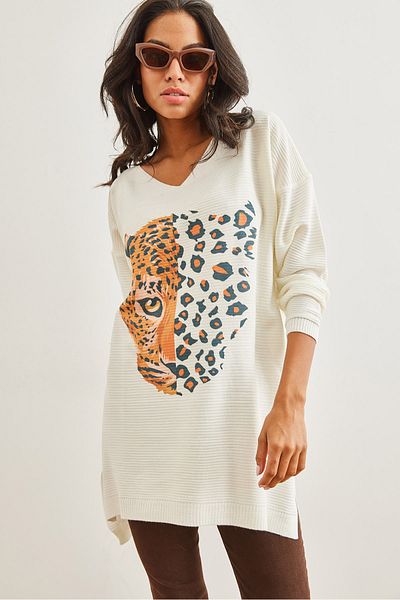 Olalook Women's Leopard Ecru Printed Slit Knitwear Tunic Tnk- 19000099