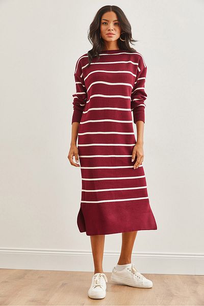 Olalook Burgunderrotes, gestreiftes, dickes Strickkleid mit Rundhalsausschnitt und Schlitz für Damen ELB- 19002250