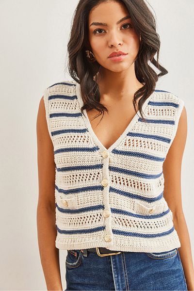 Olalook Women's Ecru Indigo Openwork Slim Fit Knitwear Vest Ylk- 19000038