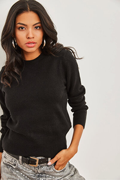 Olalook Pulover de bază pentru femei, negru, cu decolteu, cu textura moale, KZK- 19000845