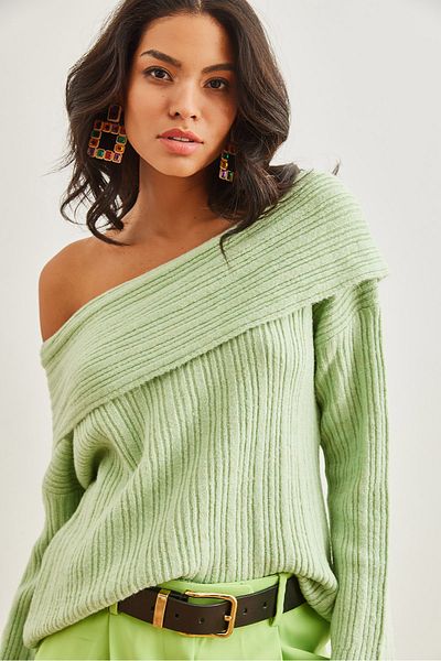 Olalook Πλεκτό πουλόβερ Mint Green Madonna Collar - Soft Texture KZK- 19000708