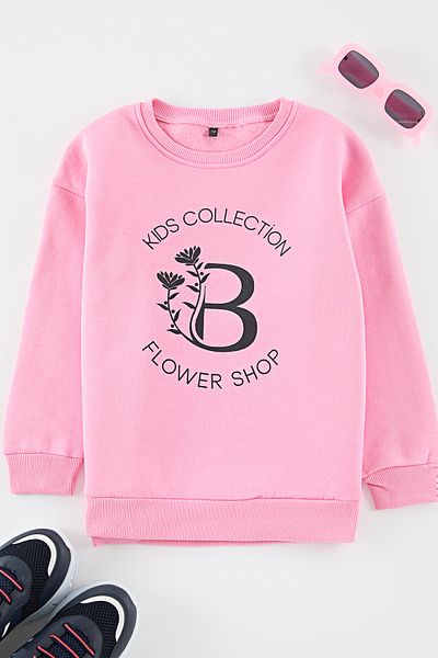 TRENDYOLKIDS Dívčí mikina s růžovým květinovým vzorem - Crew Neck, Bavlna, Tkdaw25Sw00013