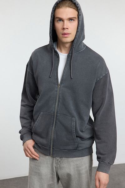 Trendyol Collection Antracitová mikina Oversize/Wide Cut s kapucí s vybledlým efektem/Bez šálu TMNAW25SW00049
