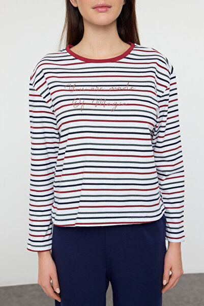 Trendyol Collection Sada trička a kalhot Colorful Stripe Slogan - 100% bavlna Thmaw24Pt00233