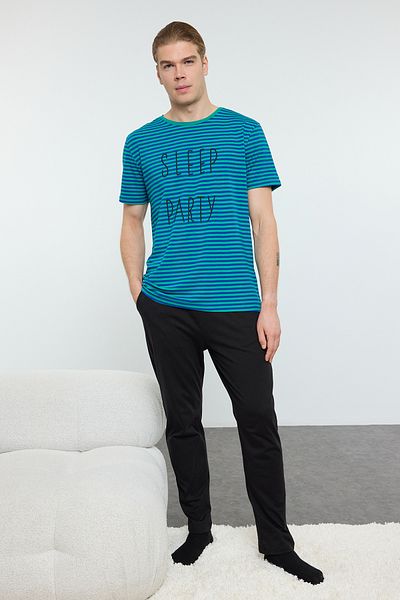 Trendyol Collection Ανδρικές πιτζάμες με πράσινη ριγέ στάμπα - κανονική εφαρμογή, 100% βαμβάκι TMNAW25PT00020