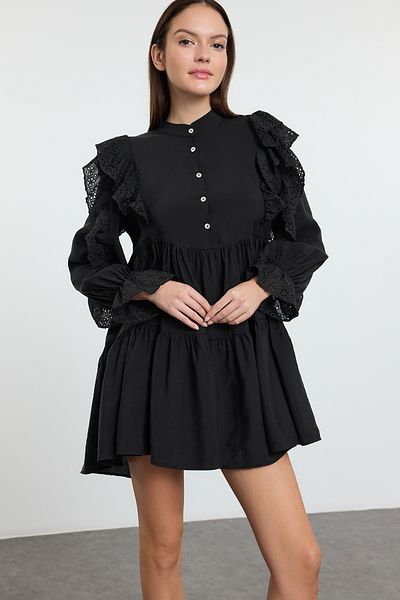 Trendyol Collection Μίνι Δαντελένιο Λεπτομερές Μαύρο Υφαντό Φόρεμα - TWOAW25EL00490