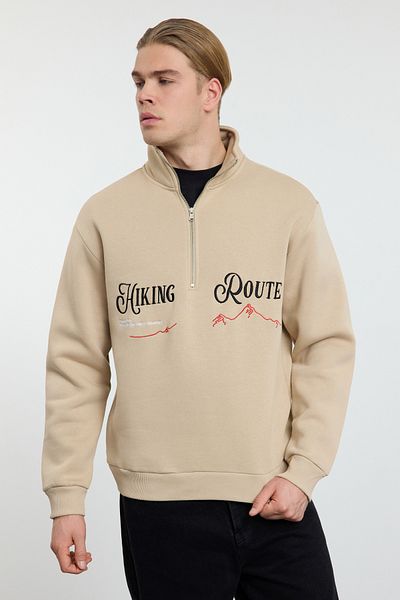 Trendyol Collection Béžová vyšívaná oversize mikina – fleece, stojáček, zip Tmnaw25Sw00073