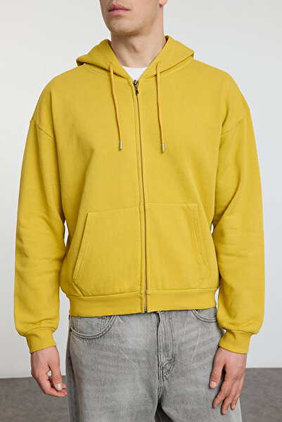 Trendyol Collection Oversize Mustard Crop φούτερ - Τσέπη καγκουρό, κοντή κουκούλα, TMNAW25SW00172