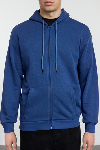 Trendyol Collection Indigo Oversize/Широкий крій з капюшоном на блискавці Товстий базовий светр-кардиган TMNAW22SW0620