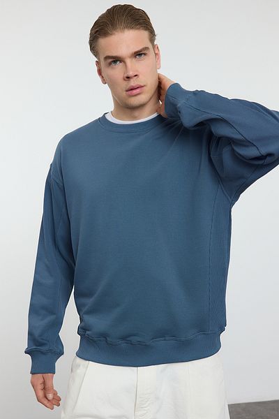 Trendyol Collection Unisex mikina Indigo Oversize/Wide Cut Fabric Mix Basic Tmnaw25Sw00128