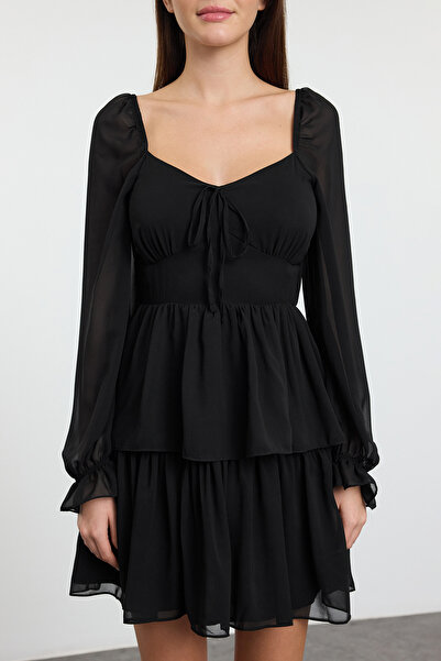 Trendyol Collection Μαύρο βολάν Μίνι Φόδρα Σιφόν Flight Flight Υφαντό Φόρεμα TWOAW23EL01455