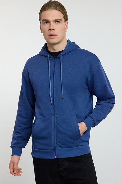 Trendyol Collection Indigová oversize mikina na zip s kapucí - Cardigan Tmnaw22sw0620