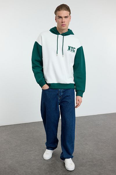 Trendyol Collection Екрю вишитий флісовий світшот з візерунком міста з капюшоном великого розміру TMNAW25SW00028