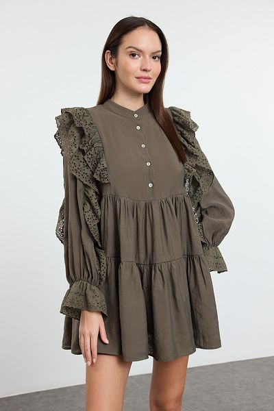 Trendyol Collection Χακί Μίνι υφαντό φόρεμα - Λεπτομέρεια από μασίφ δαντέλα, TWOAW25EL00490