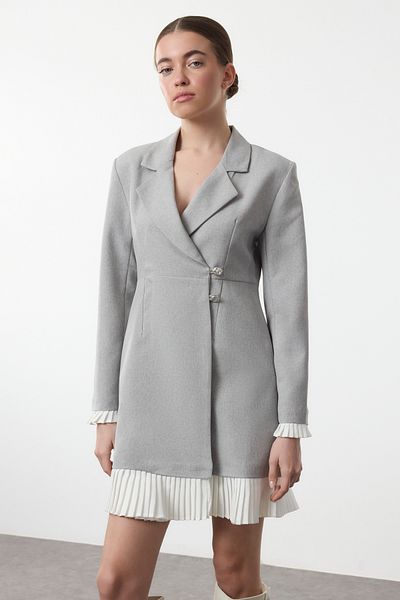 Trendyol Collection Gray Pleated Mini Woven Jacket Dress Twoaw25El00537