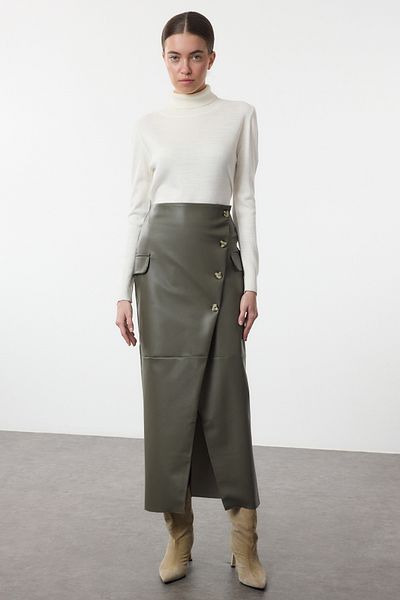 Trendyol Collection Khaki műbőr Midi szőtt szoknya TWOAW25ET00152