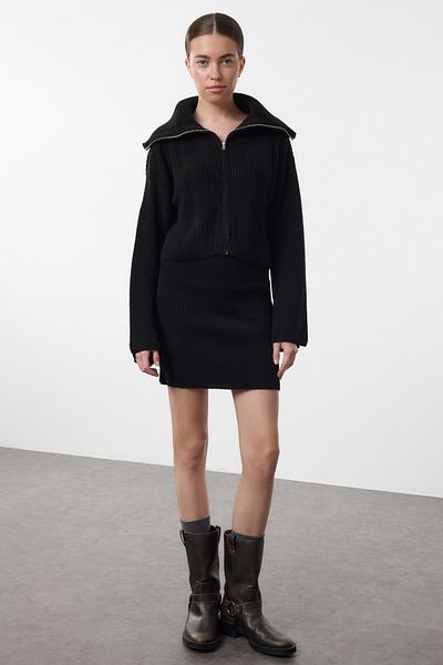 Trendyol Collection Fekete lehajtható galléros kötöttáru alsó-felső készlet TWOAW25AU00012
