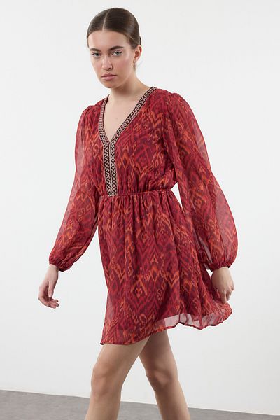 Trendyol Collection Rochie țesută mini cu flori bordeaux TWOAW25EL00182