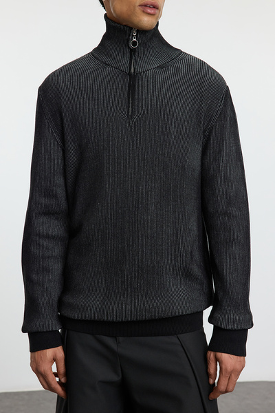 Trendyol Collection Pulover negru, subțire, cu jumătate de gât țesut, tricotaj texturat TMNAW25KZ00036