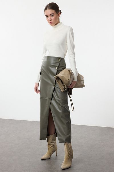 Trendyol Collection Khaki műbőr Midi szőtt szoknya TWOAW25ET00152