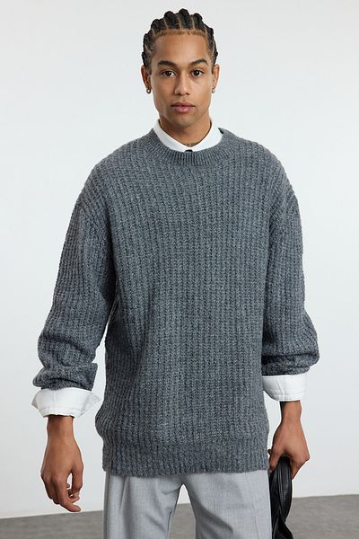 Trendyol Collection Unisex Anthracite Oversize Knitwear Sweater - Crew Neck, Textured Tmnaw25Kz00011