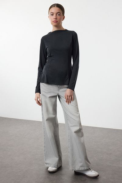 Trendyol Collection Anthracite More Sustainable Modal Stand γιακά με ραβδώσεις κανονική/κανονική πλεκτή μπλούζα TWOAW25BZ00280