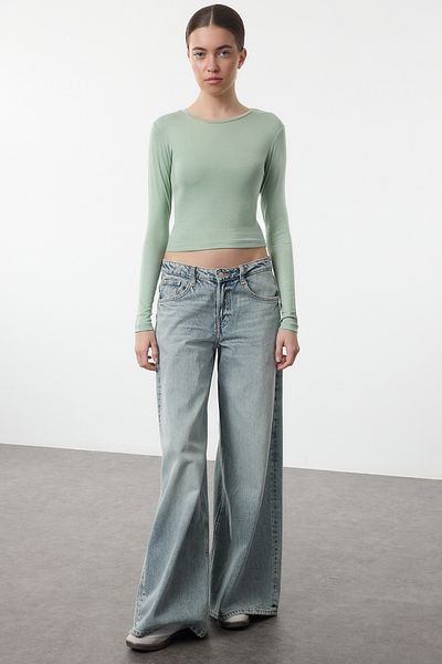 Trendyol Collection Ελαστική Viscose Crop Μπλούζα - Crew Neck, Mint Premium TWOAW24BZ00116