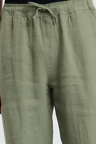 Trendyol Collection Khaki Limitovaná edice 100% Len Straight Fit Kalhoty s elastickým pasem Tmnss24Pl00018