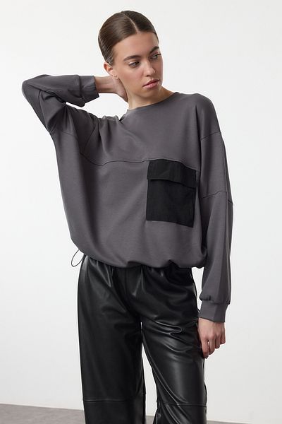 Trendyol Collection Anthracite Oversize SWeatshirt with Parachute Pocket Detail - Soft Button, Wide Cut TWOAW25sw00089