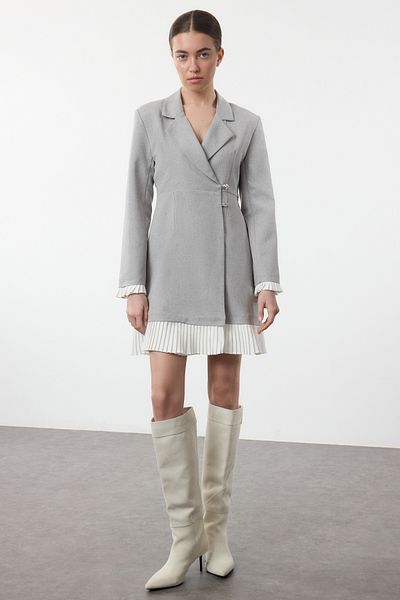 Trendyol Collection Gray Pleated Mini Woven Jacket Dress Twoaw25El00537