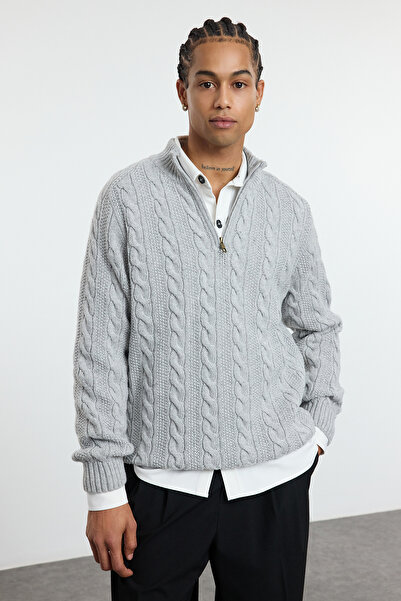 Trendyol Collection Unisex-Strickpullover mit grauem Haarstrick und detailliertem Reißverschluss – TMNAW21KZ0737