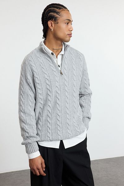 Trendyol Collection Unisex Gray Hair Knit Detailed Zippered Knitwear Sweater - Tmnaw21Kz0737