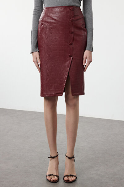 Trendyol Collection Sötétvörös kígyómintás hasított midi szoknya - limitált kiadású TWOAW23ET00260