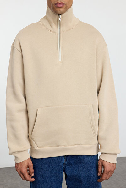 Trendyol Collection Μπεζ υπερμεγέθη/φαρδύ γιακά με φερμουάρ με φλις εσωτερικά/ζεστό φούτερ TMNAW25SW00081