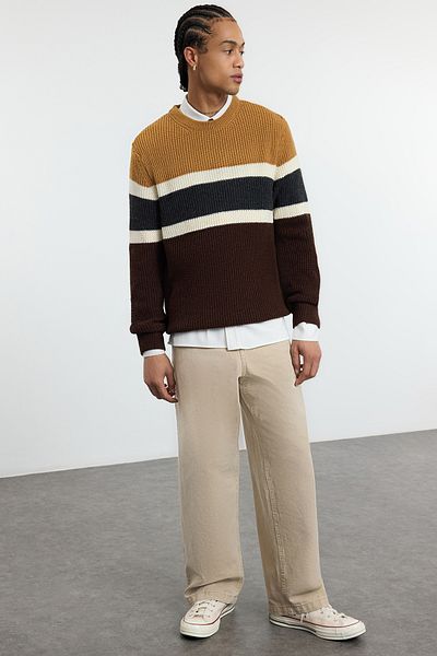 Trendyol Collection Мъжки тънък вълнен трикотажен пуловер - кръгло деколте, цветен блок Tmnaw22Kz0343