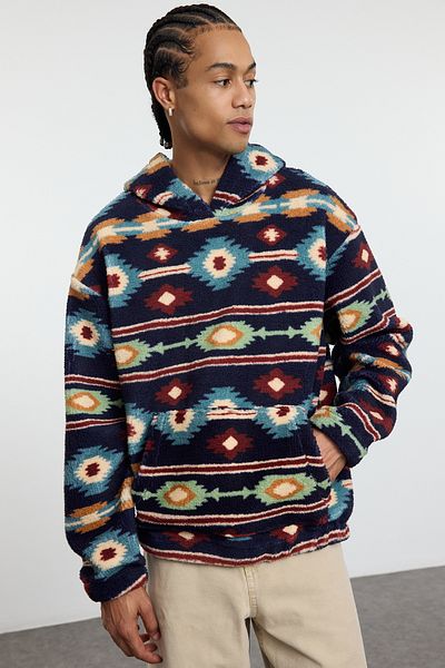 Trendyol Collection Тъмносин суитшърт с качулка от полар от шерпа, унисекс.