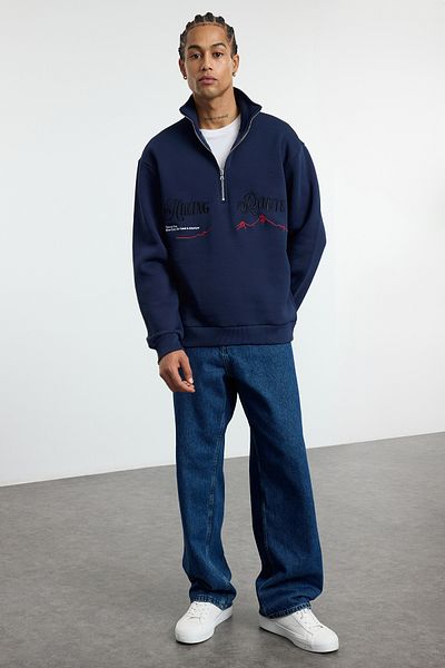 Trendyol Collection Φούτερ Indigo Embroidered Oversize - Fleece, Stand Collar, Zipper TMNAW25SW00073