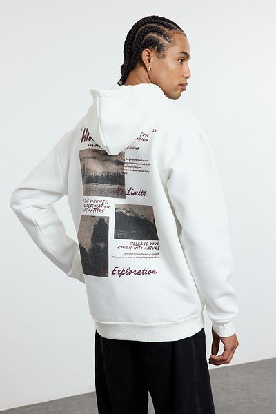 Trendyol Collection Світшот з капюшоном екрю з флісу з внутрішньої сторони з принтом на спині TMNAW25SW00077