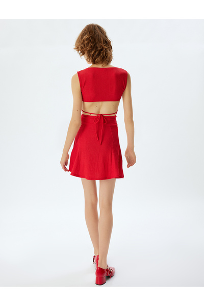 Koton Sleeveless Mini Dress - Square Collar, Lace-Up Back Detail and Bell Skirt