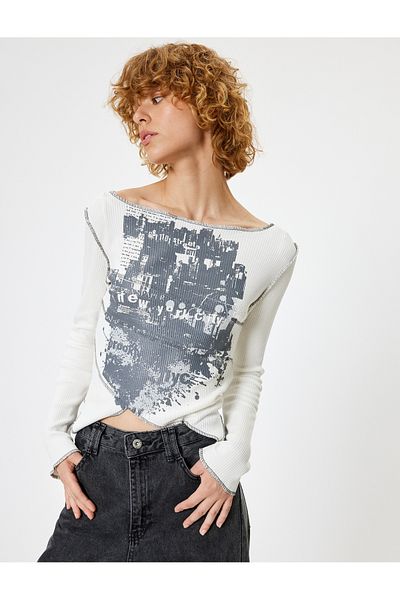 Koton Boat Neck Slim Fit Long Sleeve T-Shirt - Asymmetric Cut