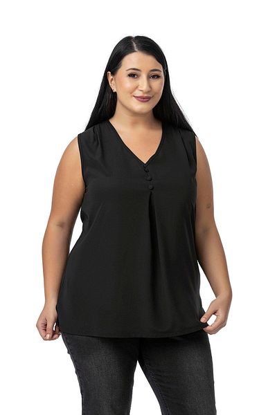 DISENTIS MODEST Plus Size Covered Button Detailed Sleeveless V-Neck Black Blouse