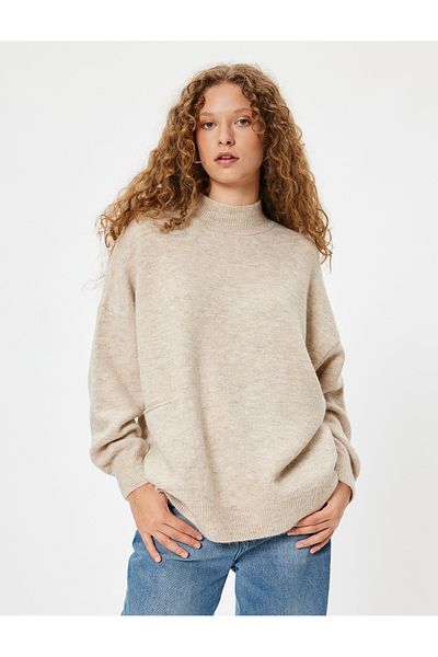 Koton Oversize Knitwear Tunic Sweater - Long Sleeve with Stand Collar and Pocket Detail