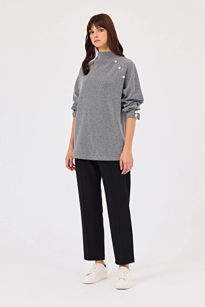SEÇİL Gray Stand Collar and Button Detailed Selçil Women's Sweatshirt 1011
